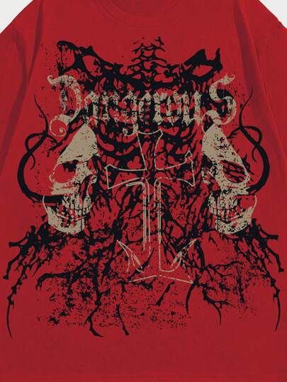 Our Grunge Punk Men's Skull Printed Round Neck T-Shirt, School