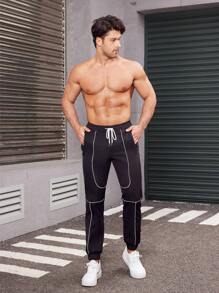 Manfinity LEGND Men's Color-Blocking Rolled Hem Elastic Cuff Long Trousers - Black - View 7