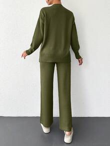 EURMUSE Women's Solid Color Round Neck Drop Shoulder Sweater And Pants Set - Khaki - View 2