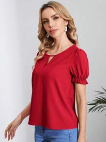 SHEIN Clasi Blusa De Mujer Con Cuello De Agujero Y Mangas Cortas Infladas - Rojo - Ver 4
