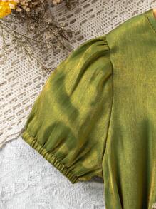 SHEIN 年輕女孩泡泡短袖休閒優雅復古裙裝配皮帶 - 綠色 - 查看 4