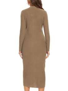 Solid Extra Long Button Knit Cardigan - Camel - View 2