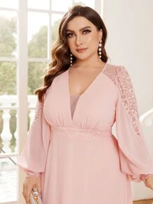 SHEIN Belle 大尺碼女士蕾絲拼接浪漫公主袖伴娘禮服 - 淺粉色 - 查看 2