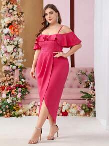 SHEIN Belle 大尺碼女士優雅露肩蕾絲拼接不規則下擺洋裝,襯托荷葉邊領口 - 玫紅色 - 查看 5