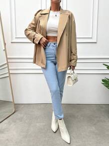 RueChic Double-breasted Short Trench Coat - Apricot - View 4