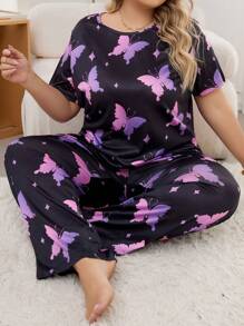 Set Pigiama Donna Taglie Forti Stampa Farfalle A Maniche Corte E Pantaloni - Multicolore - Visualizzare 1