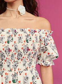 TOM & JERRY X SHEIN Off Shoulder Allover Print A-Line Dress - Apricot - View 4