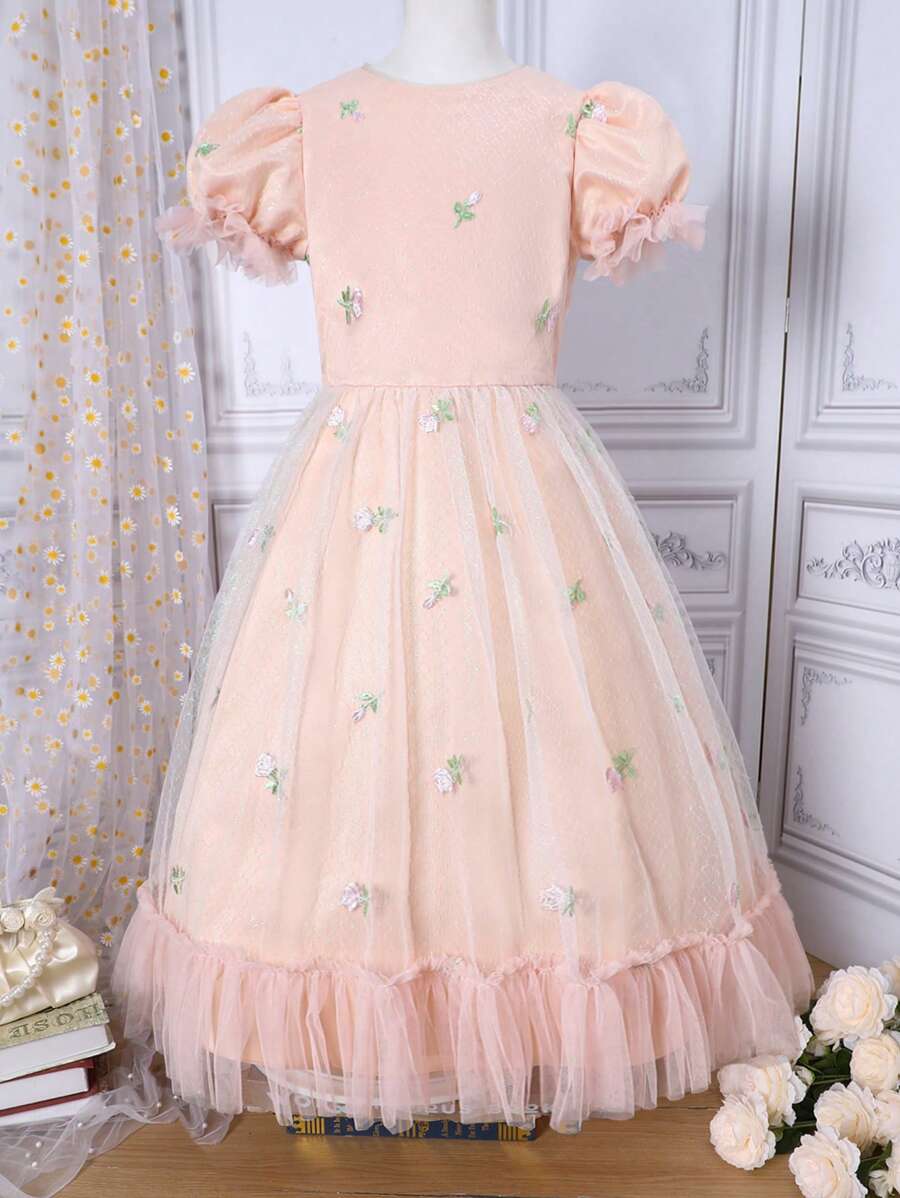 Vestido De Manga Abombada Con Corte Medio Y Bordado De Pequeñas Flores Y Malla Para Niñas Adolescentes - Rosa - Ver 1