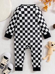 男婴格子印花连体衣，带斜拉链 - 黑色 - 查看 2