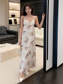 DAZY Đầm hai dây in hoa, kiểu dáng mùa hè, thích hợp cho chuyến du lịch nghỉ lễ Phục sinh của phụ nữ. - Màu be - Xem 4