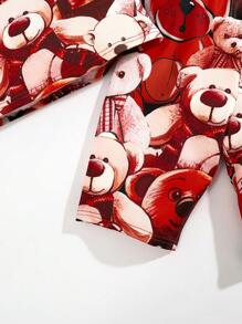 SHEIN Tween Boy Snug Fit Casual Bear Pattern Print Round Neck Short Sleeve Top And Shorts  Knit Pajama Set - Multicolor - View 11