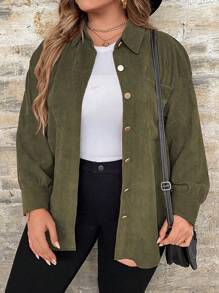 SHEIN LUNE Plus Solid Button Front Shirt Fall Cloth For Women - Army Green - View 7