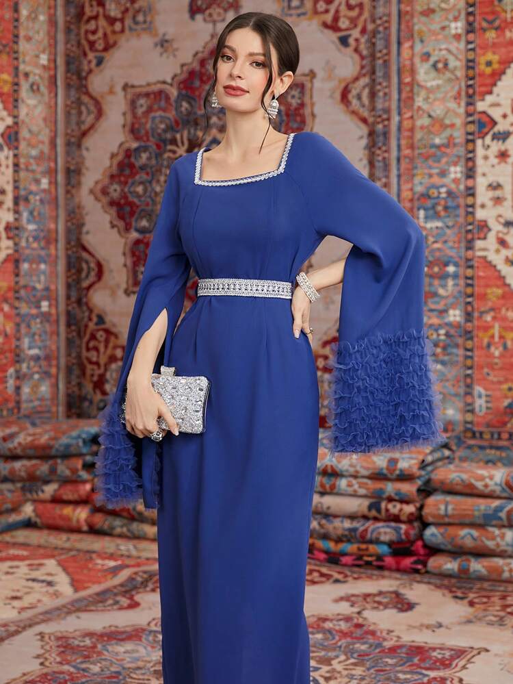 Women'S Arabian Style Dress With Cape Sleeves, Belted Waist And Woven Stripe Detail Long Evening Dresses