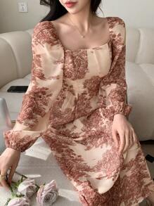 DAZY Printed Soft Style Square Neckline Dress,Ruffle,Fall Dress Long Sleeve Dress