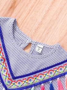 Tween Girl V-Neck Tassel Ruffled Striped Dress