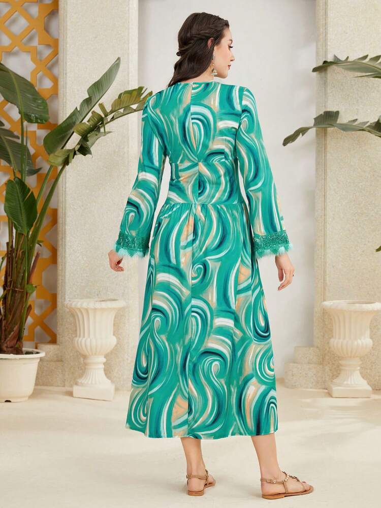 Tie-Dye Lace Hem And Puff Sleeve Dress