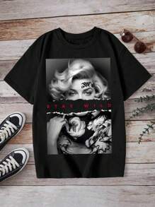 SHEIN 女性肖像少女休闲卡通图案短袖T恤，棉混纺，适合夏季穿着 - 黑色 - 查看 2