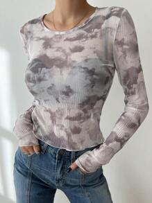 Dazy Designer Women's Tie Dye Lettuce Hem Long Sleeve T-Shirt Sheer - Multicolor - View 4