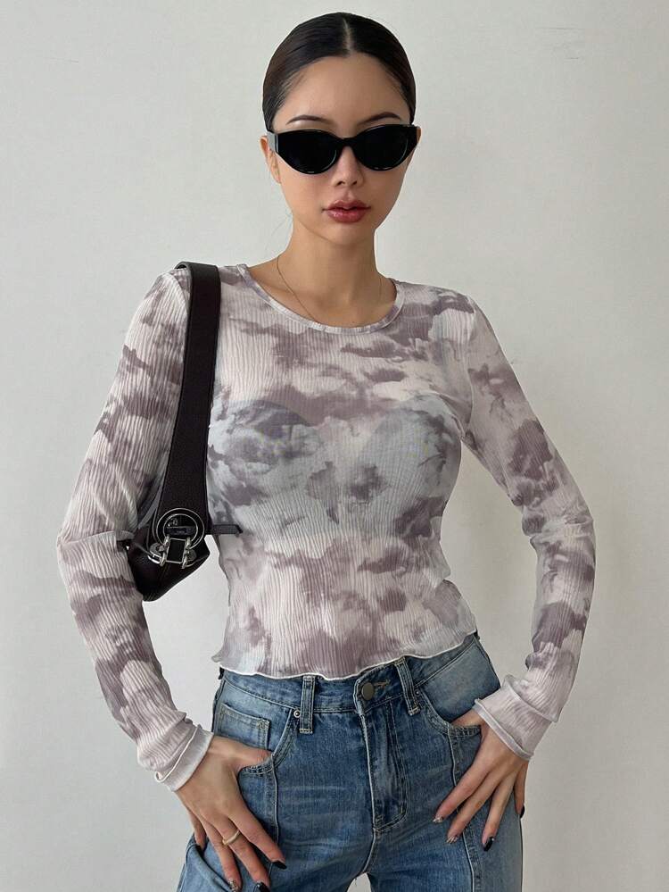 Women's Tie Dye Lettuce Hem Long Sleeve T-Shirt Sheer