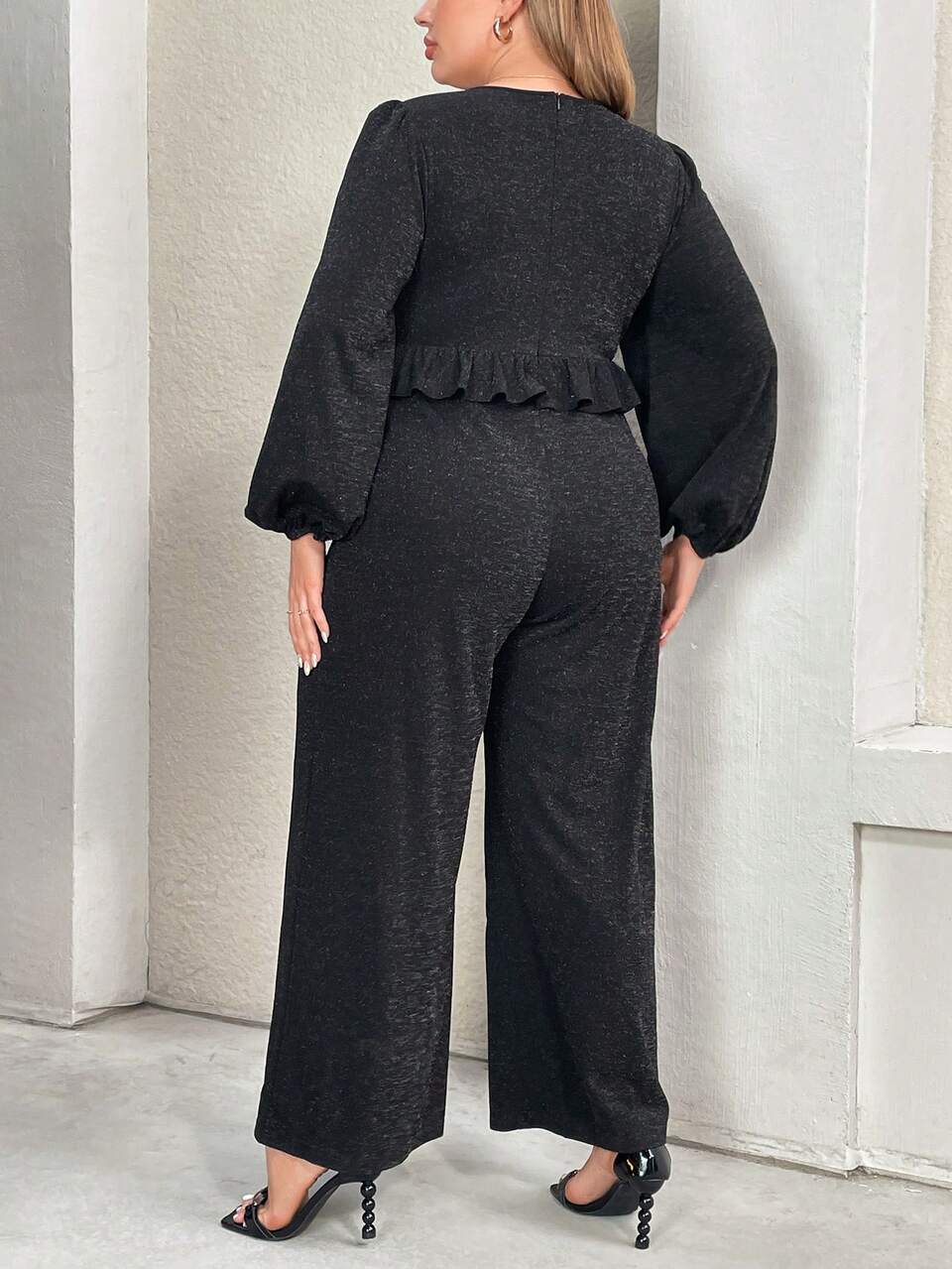 Plus Size Spring And Summer Clothing New Style Shiny Fabric Party Elegant Ruffled Long Sleeve Wide Leg Jumpsuit