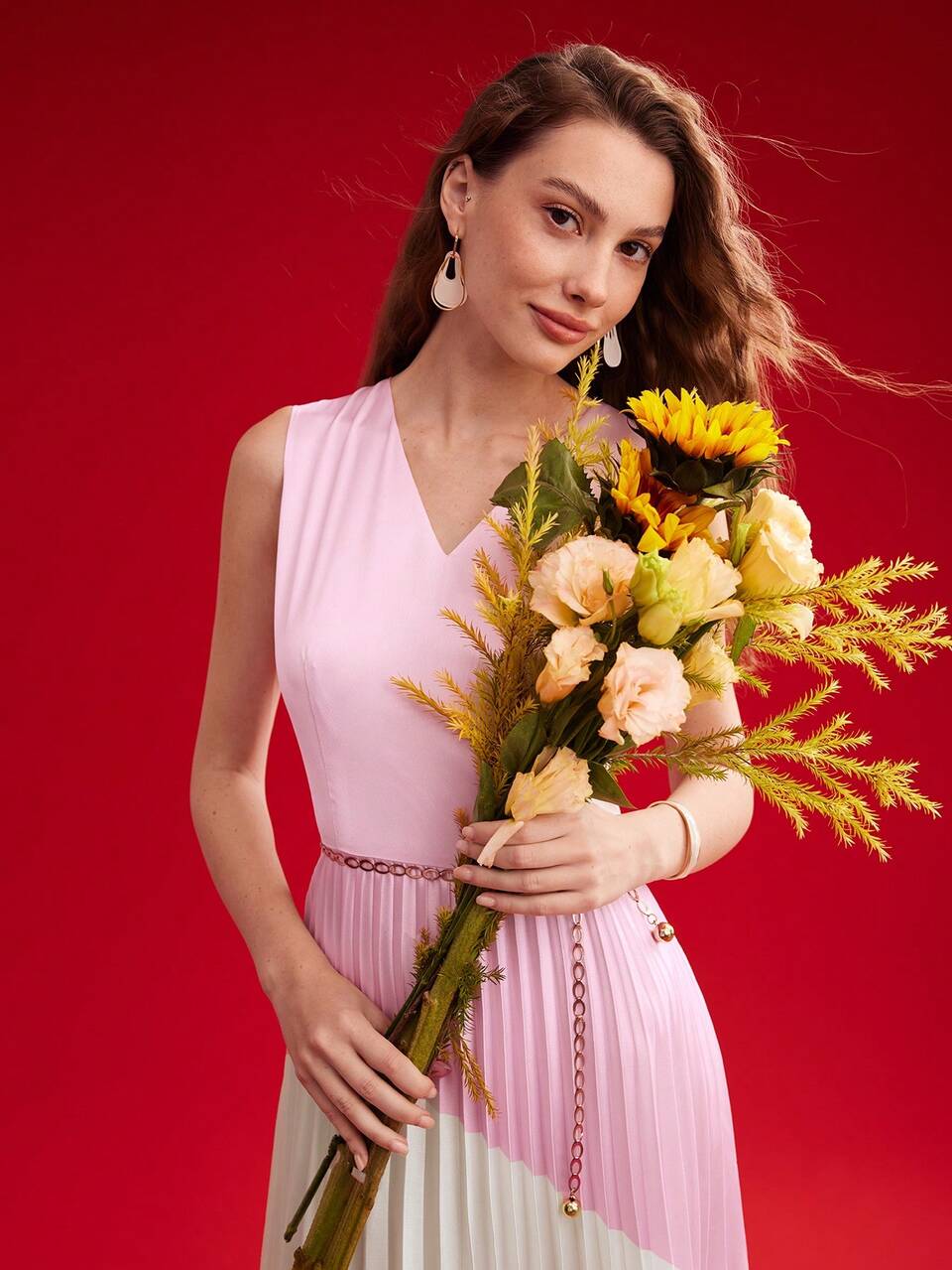 WOVEN WOMEN'S COLOR BLOCK PLEATED HEM DRESS,VALENTINE'S DAY OUTFIT,SUMMER OUTFITS