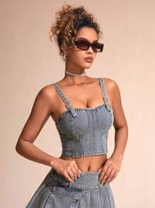 SHEIN BAE 女士丹寧絲綢背心上衣 - 藍色 - 查看 4