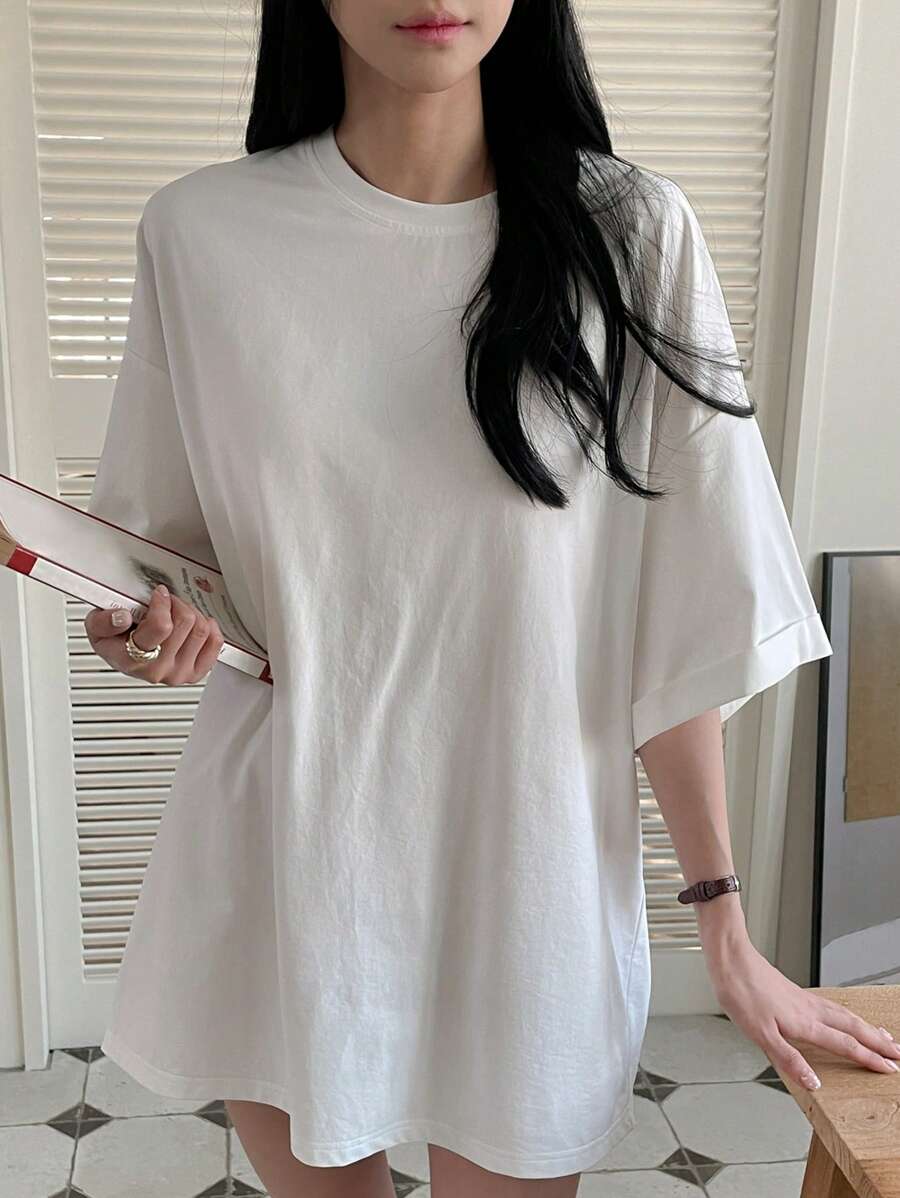 DAZY Áo thun nữ cổ tròn màu trơn siêu rộng cỡ lớn - trắng - Xem 1