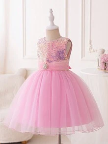 Toddler Girls' One Shoulder Net Yarn Party Dress With Sequins Panel And Beaded Decoration Birthday Dress - Pink - View 3