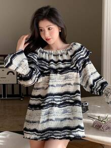 DAZY 荷叶边条纹喇叭袖衬衫，秋装长袖上衣