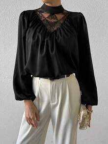 SHEIN Privé 女士网眼撞色闪光流苏立领褶饰灯笼袖衬衫 - 黑色 - 查看 6