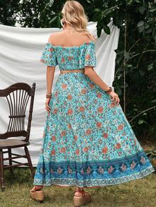 SHEIN VCAY Conjunto De Falda Y Top Con Hombros Descubiertos Y Estampado Floral - Multicolor - Ver 2