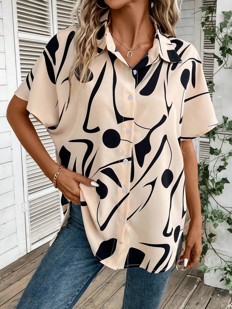 SHEIN LUNE Chemise À Manches Courtes Imprimée Au Hasard - Nude - Voir 1