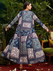 Al Najma Women'S Paisley Print Jacket & Embroidery Patchwork Dress Two Pieces Set 2 Pieces Set - Blue - View 3