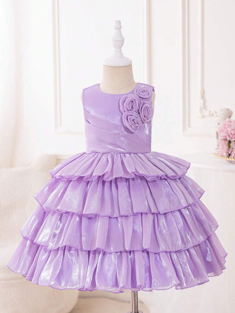 Toddler Girls' 1pc Sleeveless Party Dress With 3d Floral Decoration And Multi Layered Ruffle Hem - Purple - View 1