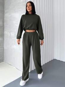 RueChic Của phụ nữ Đàn hồi Dây thắt lưng Quần skinny Hoodie Và Quần thể thao Bộ - xanh quân đội - Xem 4