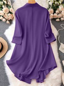 EMERY ROSE Plus Size Solid Color Roll-Up Sleeve Shirt Dress Fall Cloth For Women - Violet Purple - View 2
