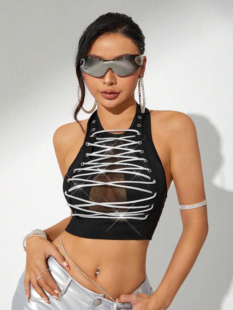 Summer Black Slim Style Sparkling Perspective Hollow Out Sleeveless Top With Strap Decoration For Women