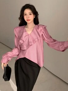 DAZY Solid Color Loose Long Sleeve Shirt With Ruffle Trim For Women - Hot Pink - View 5