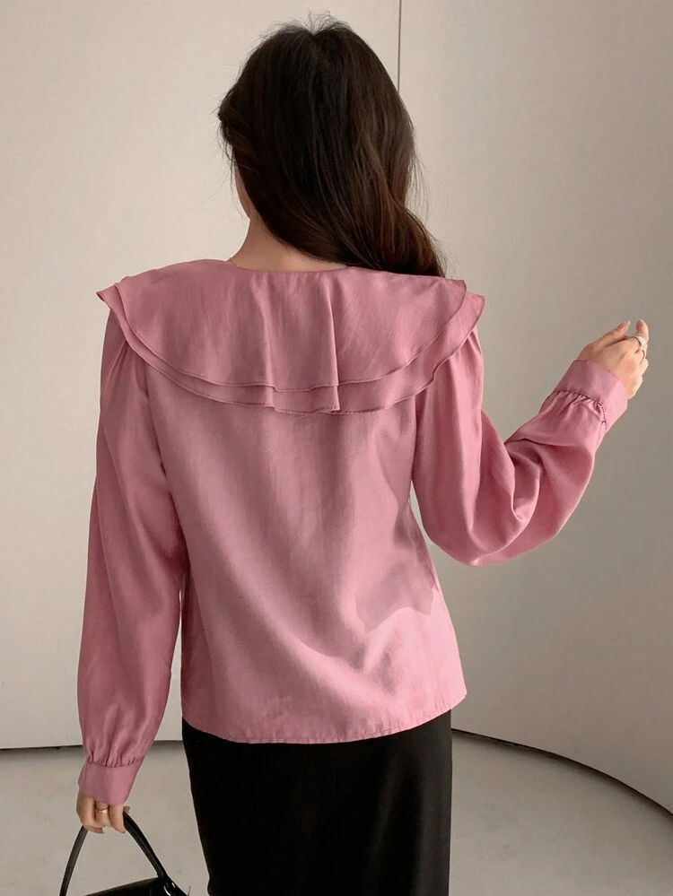 Solid Color Loose Long Sleeve Shirt With Ruffle Trim For Women
