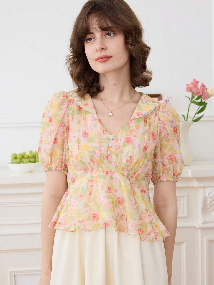 Simple Retro Women Peter Pan Collar Chiffon Blouse
