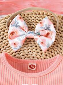 2pcs/Set Cute And Soft Baby Girl Dress With Letter Slogan And Floral Print Design, Solid Color Bodysuit And Hairband, Perfect For Casual, Daily, Vacation And Outdoor Activities - Multicolor - View 9