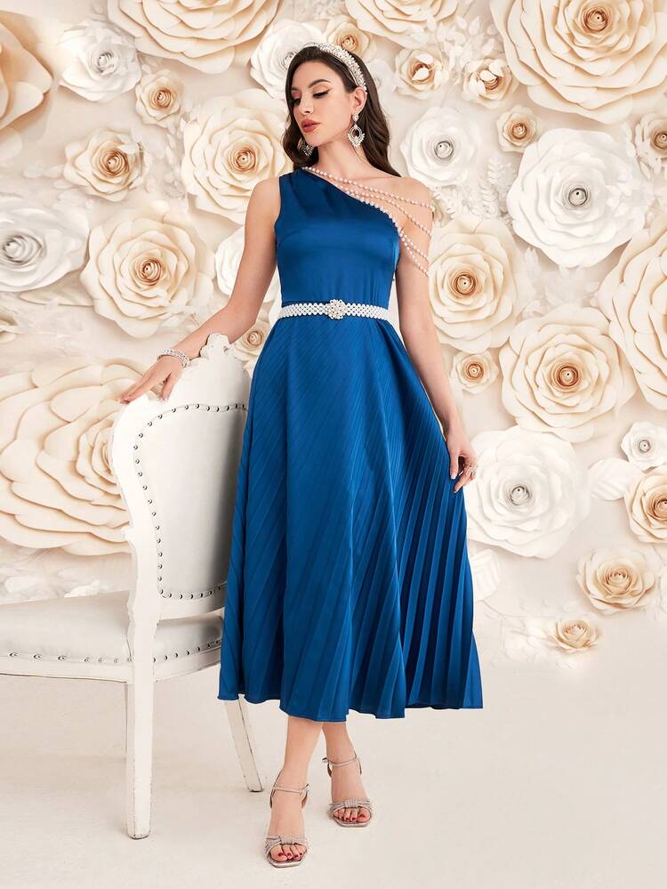 Women'S Sleeveless Dress With Faux Pearl Decor,Elegant Evening Party Dress Long Evening Dresses
