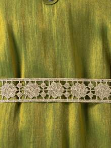 SHEIN 年輕女孩泡泡短袖休閒優雅復古裙裝配皮帶 - 綠色 - 查看 6