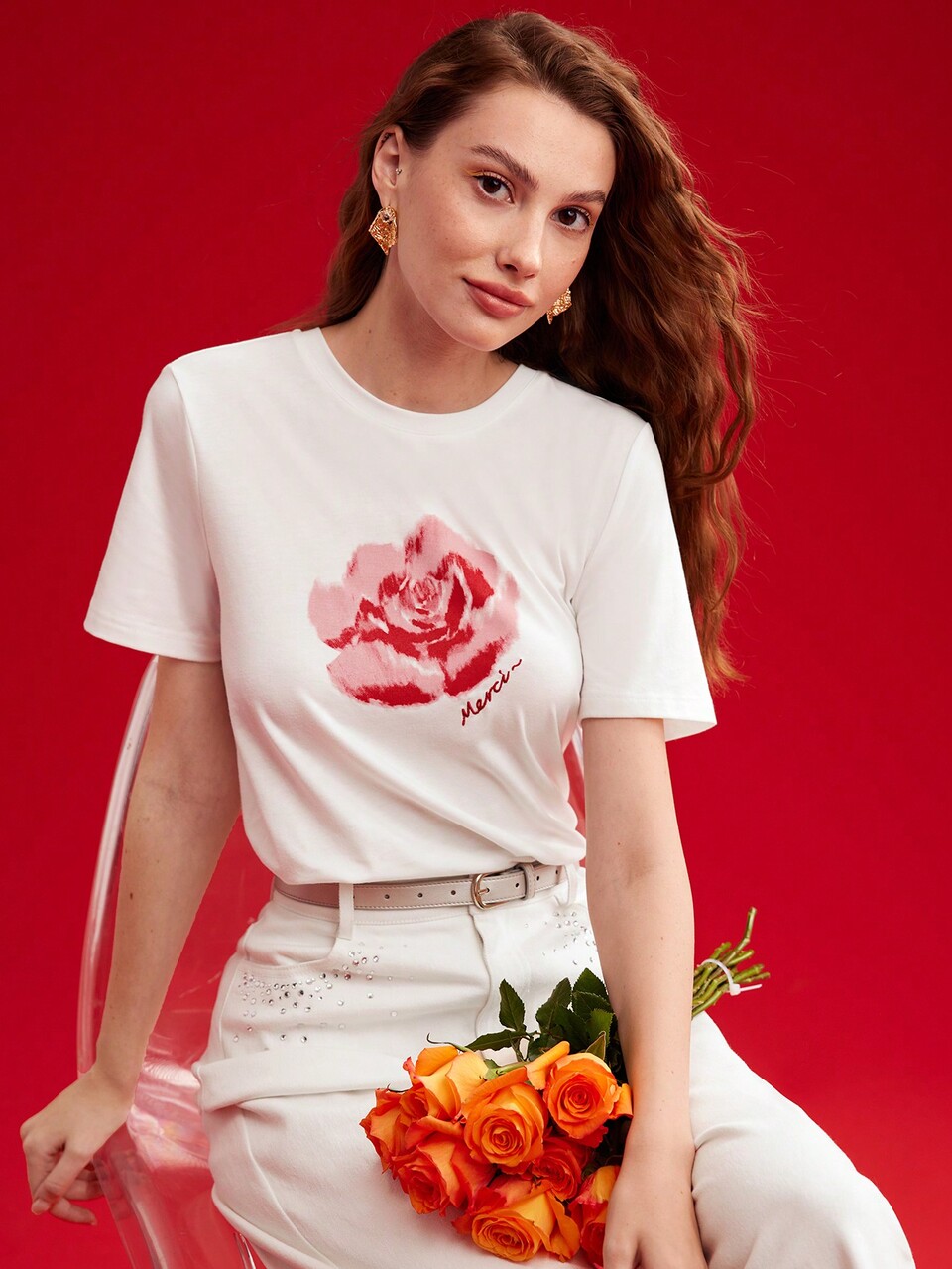 MOTF WOMEN'S FLORAL PRINT SHORT SLEEVE T-SHIRT,VALENTINE'S DAY,GRAPHIC TEE