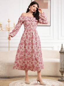 Modelyn Women'S Floral Printed Off Shoulder Ruffle Trim Decorated Shift Dress With Lantern Sleeves - Pink - View 6