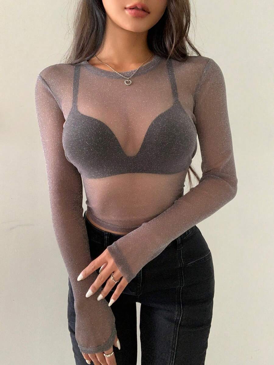 DAZY 1件女士長袖透視修身上衣 - 灰色 - 查看 1
