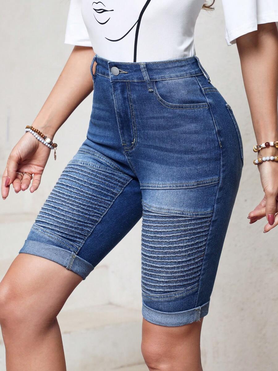 SHEIN LUNE Damenshorts Aus Jeansstoff Mit Taschen - Blau - Übersicht 1