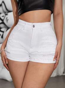 SHEIN PETITE Ladies' Solid Tone Ripped Denim Shorts With Slanted Pocket Design - White - View 3