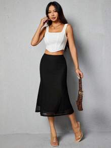 SHEIN PETITE 女式純色魚尾裙 - 黑色 - 查看 6