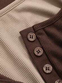 DAZY Tương phản Khối màu Vạt váy nút Thon gọn Tay áo dài Của phụ nữ Áo thun , 2 trong1 - Cà phê nâu - Xem 7